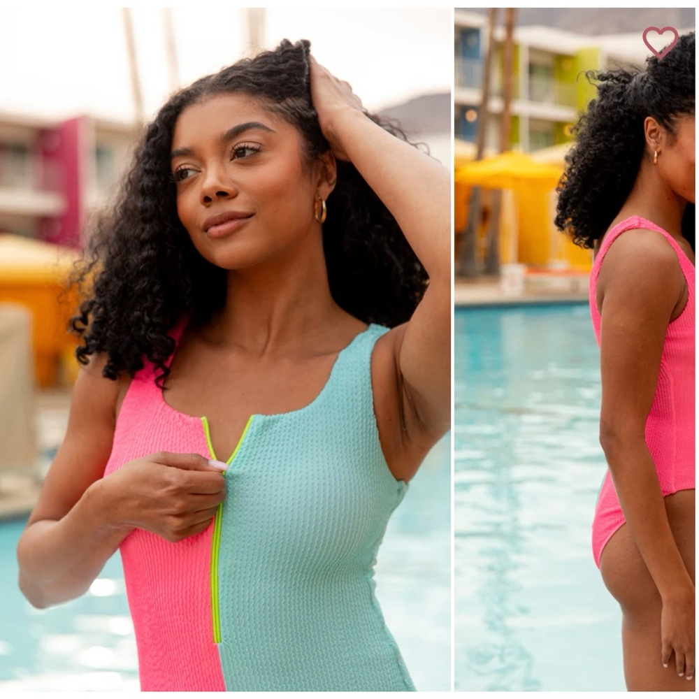 Vibrant Pink and Blue Zip Swimsuit